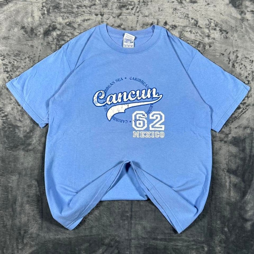 Y2K Cancun Mexico Blue Graphic T-Shirt - size medium